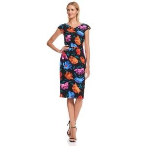 David‎ Meister Cap Sleeve Belted Floral Print Stretch Lined Sheath Dress Size 10